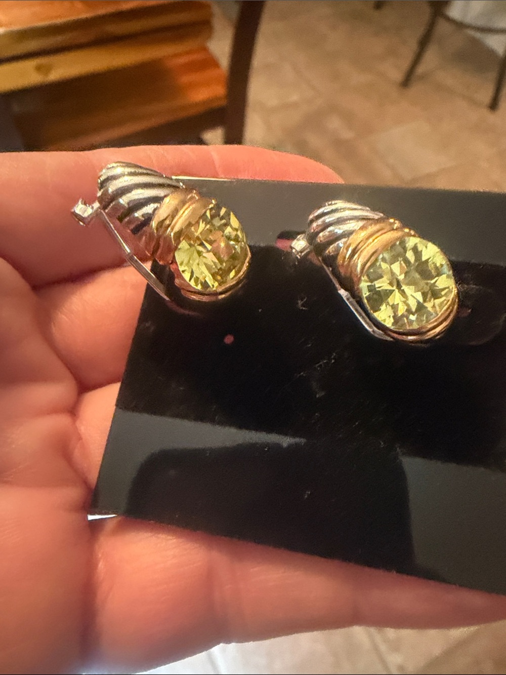 Yellow /greenish Crystal Two-Tone pierced Earrings